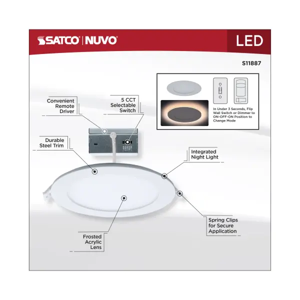 12 Watt LED Direct Wire Downlight with Night Light - 6 Inch - Remote Driver - CCT Selectable - Dimmable - Round - White Finish - Image 14
