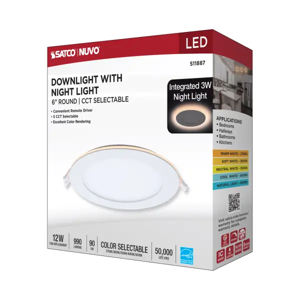 12 Watt LED Direct Wire Downlight with Night Light - 6 Inch - Remote Driver - CCT Selectable - Dimmable - Round - White Finish - Image 17