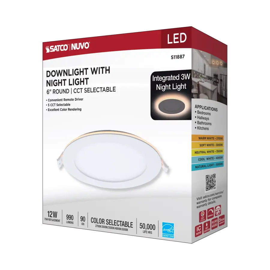 12 Watt LED Direct Wire Downlight with Night Light - 6 Inch - Remote Driver - CCT Selectable - Dimmable - Round - White Finish - Image 17