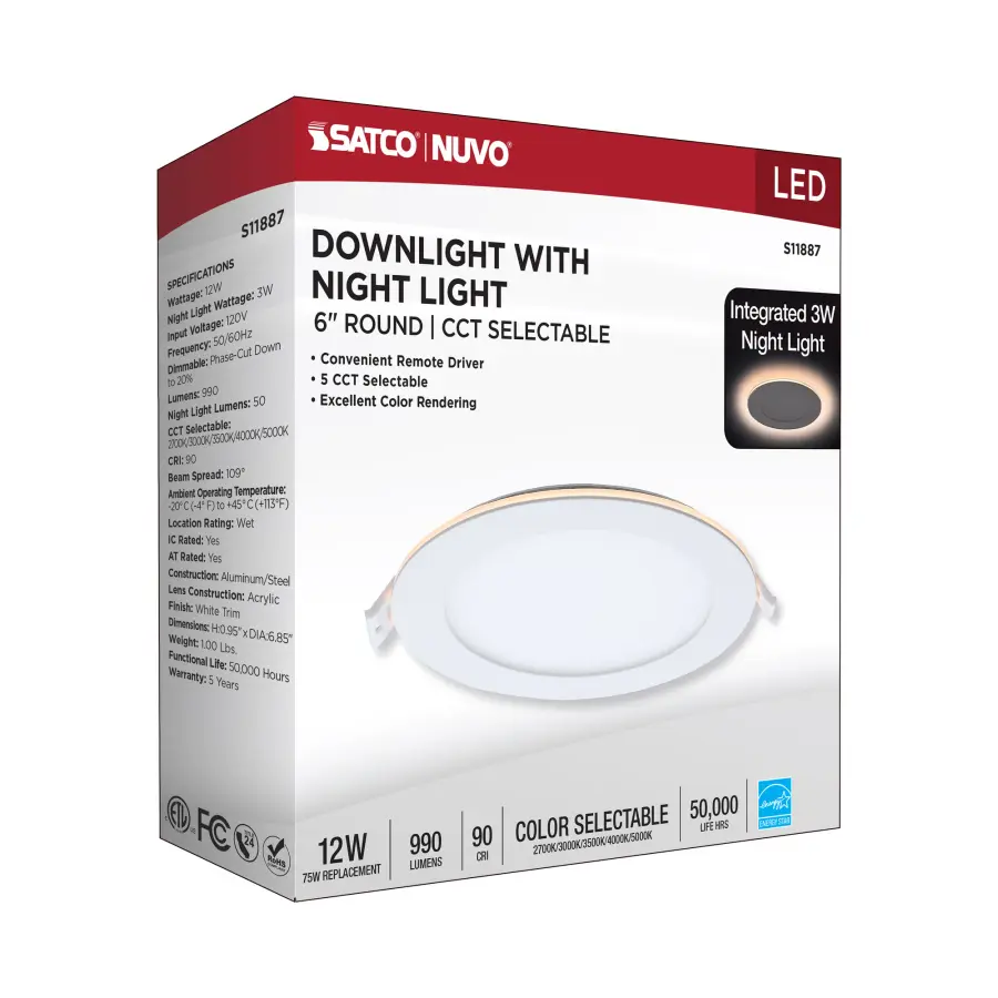 12 Watt LED Direct Wire Downlight with Night Light - 6 Inch - Remote Driver - CCT Selectable - Dimmable - Round - White Finish - Image 18