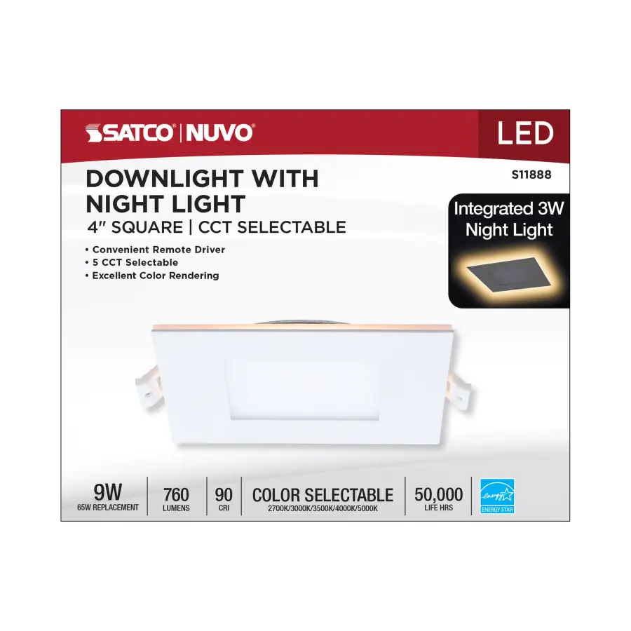 9 Watt LED Direct Wire Downlight with Night Light - 4 Inch - Remote Driver - CCT Selectable - Dimmable - Square - White Finish - Image 14