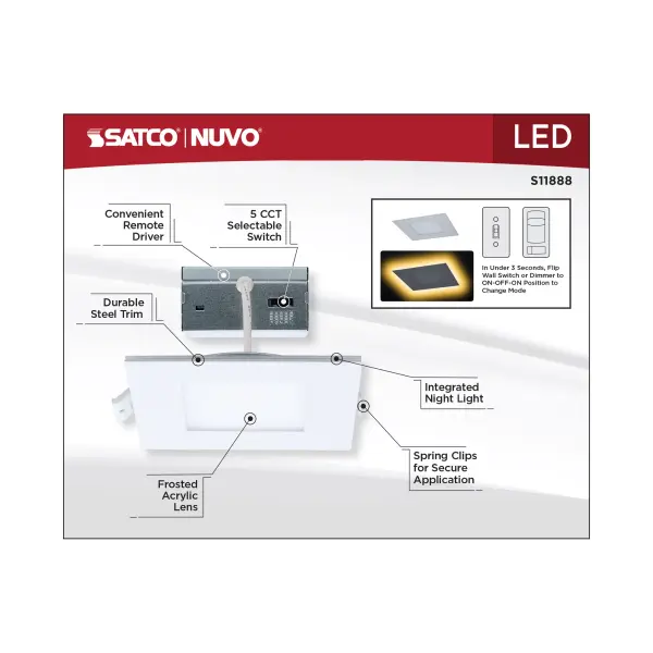 9 Watt LED Direct Wire Downlight with Night Light - 4 Inch - Remote Driver - CCT Selectable - Dimmable - Square - White Finish - Image 15