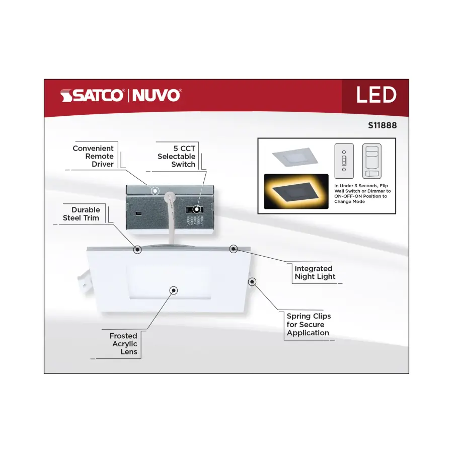 9 Watt LED Direct Wire Downlight with Night Light - 4 Inch - Remote Driver - CCT Selectable - Dimmable - Square - White Finish - Image 15
