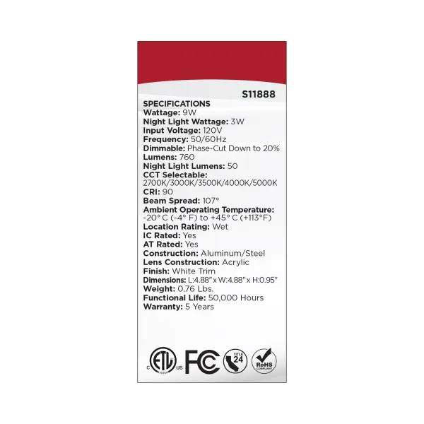 9 Watt LED Direct Wire Downlight with Night Light - 4 Inch - Remote Driver - CCT Selectable - Dimmable - Square - White Finish - Image 16