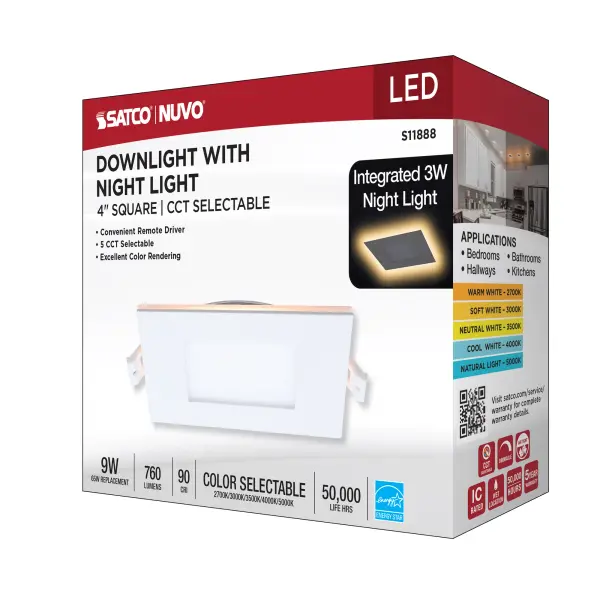 9 Watt LED Direct Wire Downlight with Night Light - 4 Inch - Remote Driver - CCT Selectable - Dimmable - Square - White Finish - Image 18