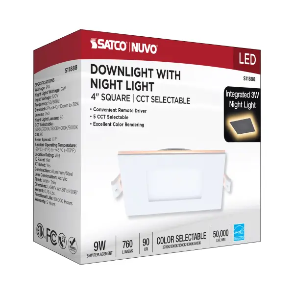 9 Watt LED Direct Wire Downlight with Night Light - 4 Inch - Remote Driver - CCT Selectable - Dimmable - Square - White Finish - Image 19