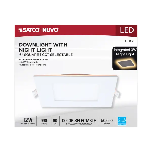12 Watt LED Direct Wire Downlight with Night Light - 6 Inch - Remote Driver - CCT Selectable - Dimmable - Square - White Finish - Image 13