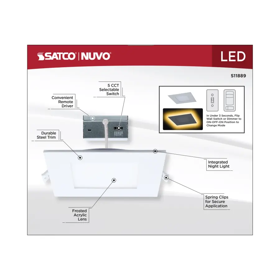 12 Watt LED Direct Wire Downlight with Night Light - 6 Inch - Remote Driver - CCT Selectable - Dimmable - Square - White Finish - Image 14