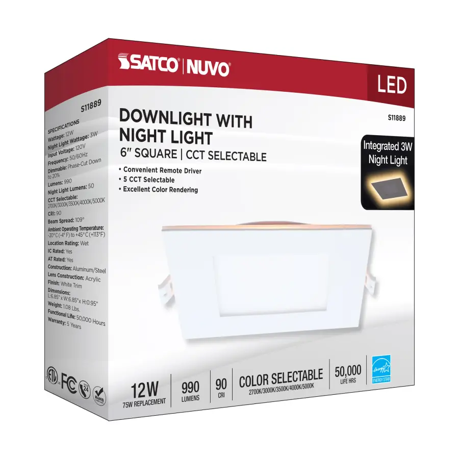 12 Watt LED Direct Wire Downlight with Night Light - 6 Inch - Remote Driver - CCT Selectable - Dimmable - Square - White Finish - Image 17