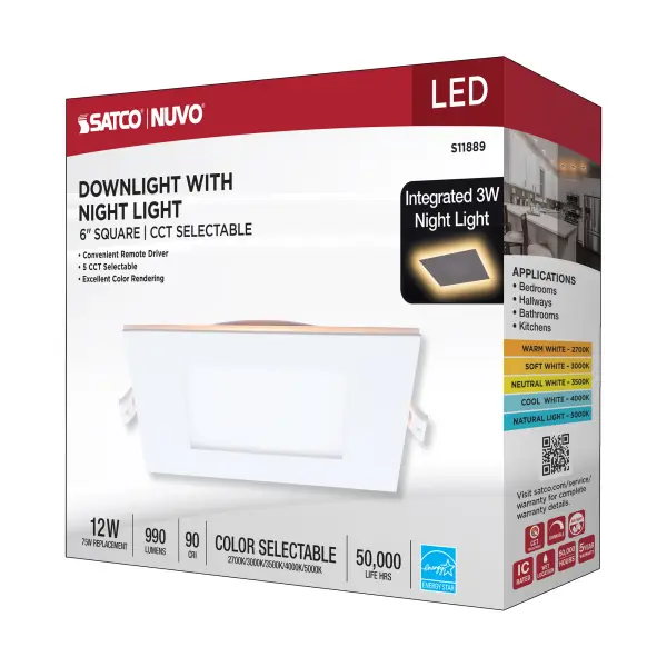 12 Watt LED Direct Wire Downlight with Night Light - 6 Inch - Remote Driver - CCT Selectable - Dimmable - Square - White Finish - Image 18
