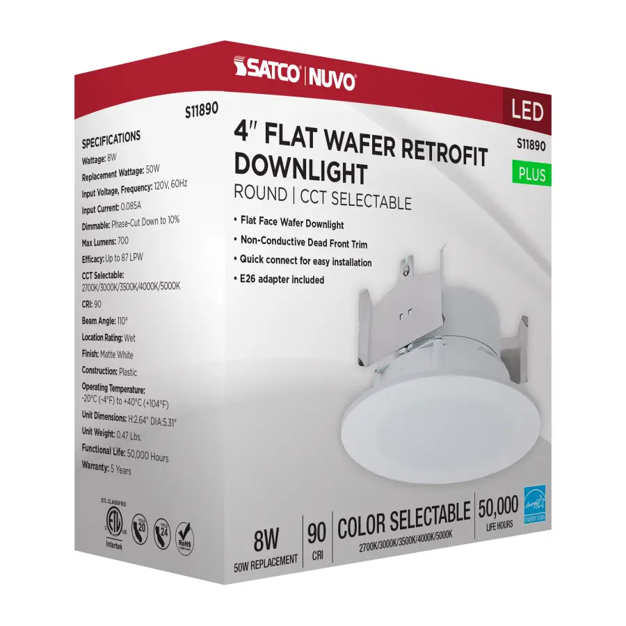 8 Watt - 4 Inch LED Downlight Retrofit - 27K/30K/35K/40K/50K CCT Selectable - Flat Wafer - Round - Matte White Finish - Image 11