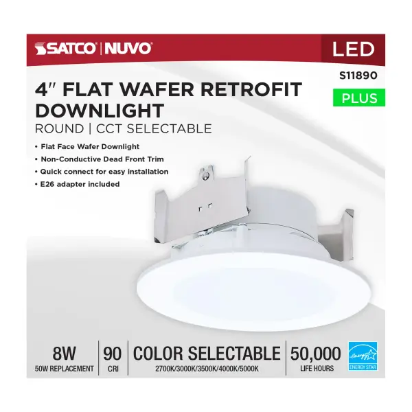 8 Watt - 4 Inch LED Downlight Retrofit - 27K/30K/35K/40K/50K CCT Selectable - Flat Wafer - Round - Matte White Finish - Image 6