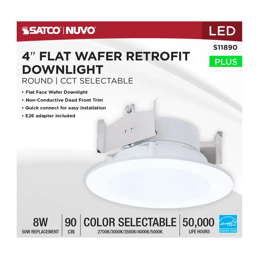 8 Watt - 4 Inch LED Downlight Retrofit - 27K/30K/35K/40K/50K CCT Selectable - Flat Wafer - Round - Matte White Finish - Image 6