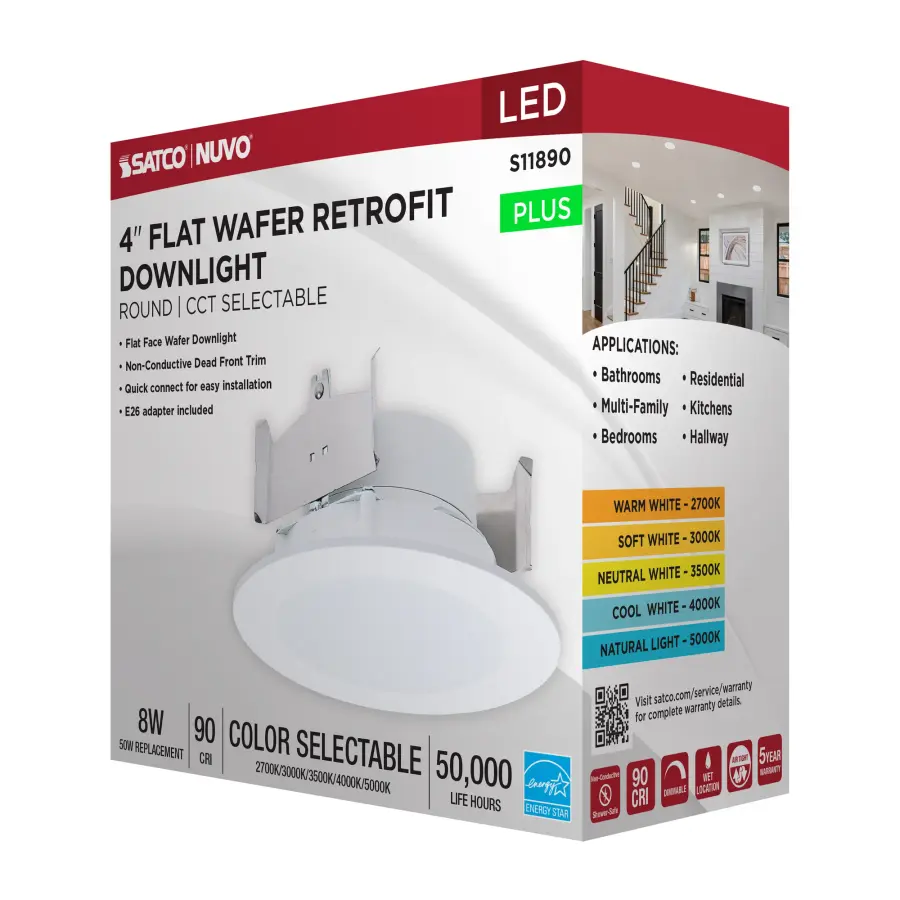 8 Watt - 4 Inch LED Downlight Retrofit - 27K/30K/35K/40K/50K CCT Selectable - Flat Wafer - Round - Matte White Finish - Image 10