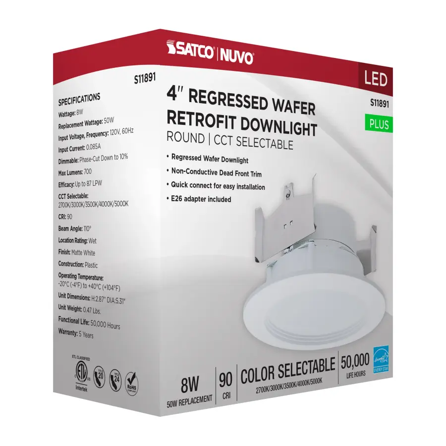 8 Watt - 4 Inch LED Downlight Retrofit - 27K/30K/35K/40K/50K CCT Selectable - Regressed Wafer - Round - Matte White Finish - Image 11