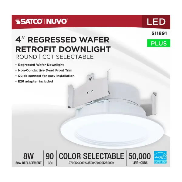 8 Watt - 4 Inch LED Downlight Retrofit - 27K/30K/35K/40K/50K CCT Selectable - Regressed Wafer - Round - Matte White Finish - Image 6