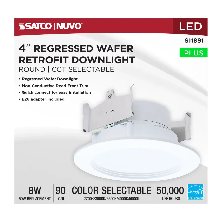 8 Watt - 4 Inch LED Downlight Retrofit - 27K/30K/35K/40K/50K CCT Selectable - Regressed Wafer - Round - Matte White Finish - Image 6