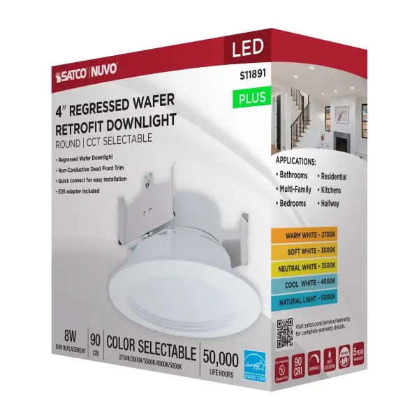 8 Watt - 4 Inch LED Downlight Retrofit - 27K/30K/35K/40K/50K CCT Selectable - Regressed Wafer - Round - Matte White Finish - Image 10