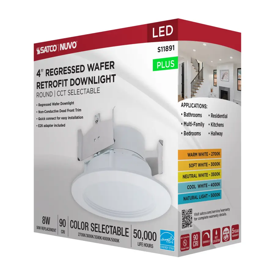 8 Watt - 4 Inch LED Downlight Retrofit - 27K/30K/35K/40K/50K CCT Selectable - Regressed Wafer - Round - Matte White Finish - Image 10