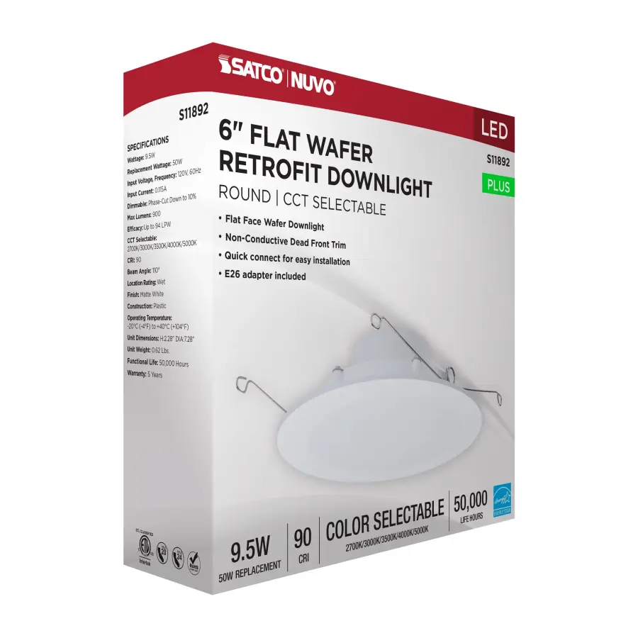 9.5 Watt - 6 Inch LED Downlight Retrofit - 27K/30K/35K/40K/50K CCT Selectable - Flat Wafer - Round - Matte White Finish - Image 11