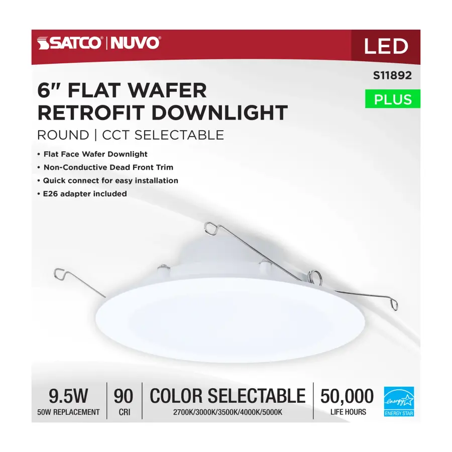 9.5 Watt - 6 Inch LED Downlight Retrofit - 27K/30K/35K/40K/50K CCT Selectable - Flat Wafer - Round - Matte White Finish - Image 6