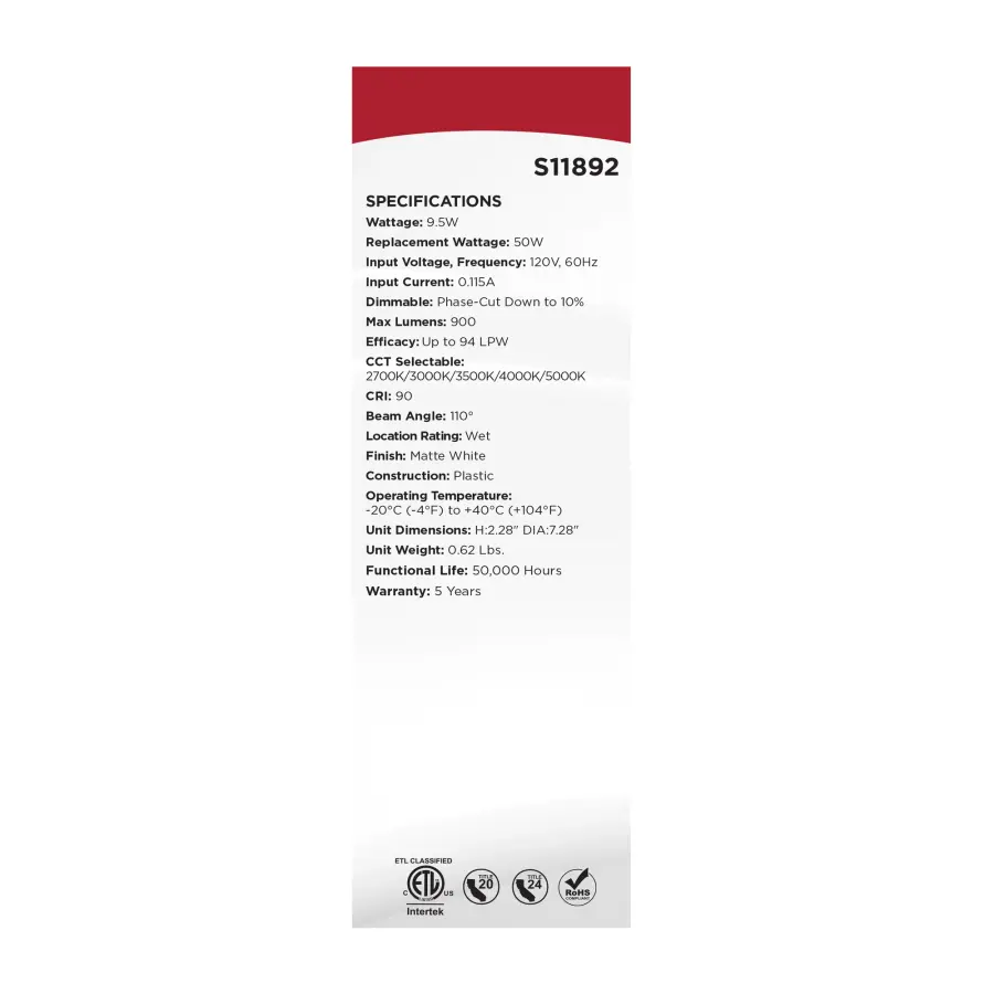 9.5 Watt - 6 Inch LED Downlight Retrofit - 27K/30K/35K/40K/50K CCT Selectable - Flat Wafer - Round - Matte White Finish - Image 9