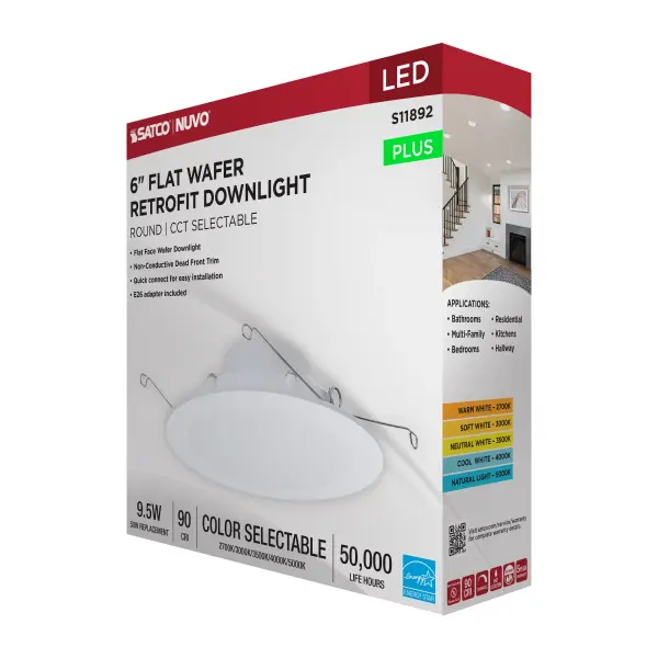 9.5 Watt - 6 Inch LED Downlight Retrofit - 27K/30K/35K/40K/50K CCT Selectable - Flat Wafer - Round - Matte White Finish - Image 10