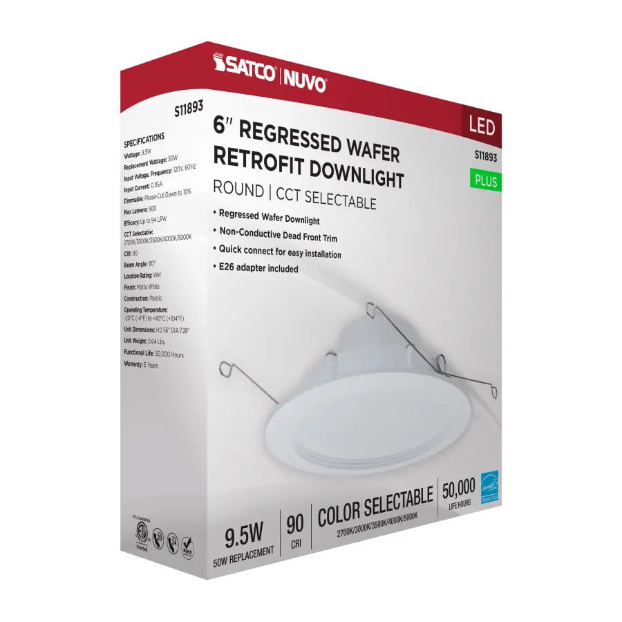 9.5 Watt - 6 Inch LED Downlight Retrofit - 27K/30K/35K/40K/50K CCT Selectable - Regressed Wafer - Round - Matte White Finish - Image 11