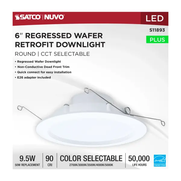 9.5 Watt - 6 Inch LED Downlight Retrofit - 27K/30K/35K/40K/50K CCT Selectable - Regressed Wafer - Round - Matte White Finish - Image 6