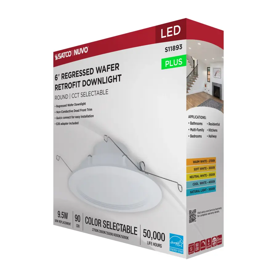 9.5 Watt - 6 Inch LED Downlight Retrofit - 27K/30K/35K/40K/50K CCT Selectable - Regressed Wafer - Round - Matte White Finish - Image 10