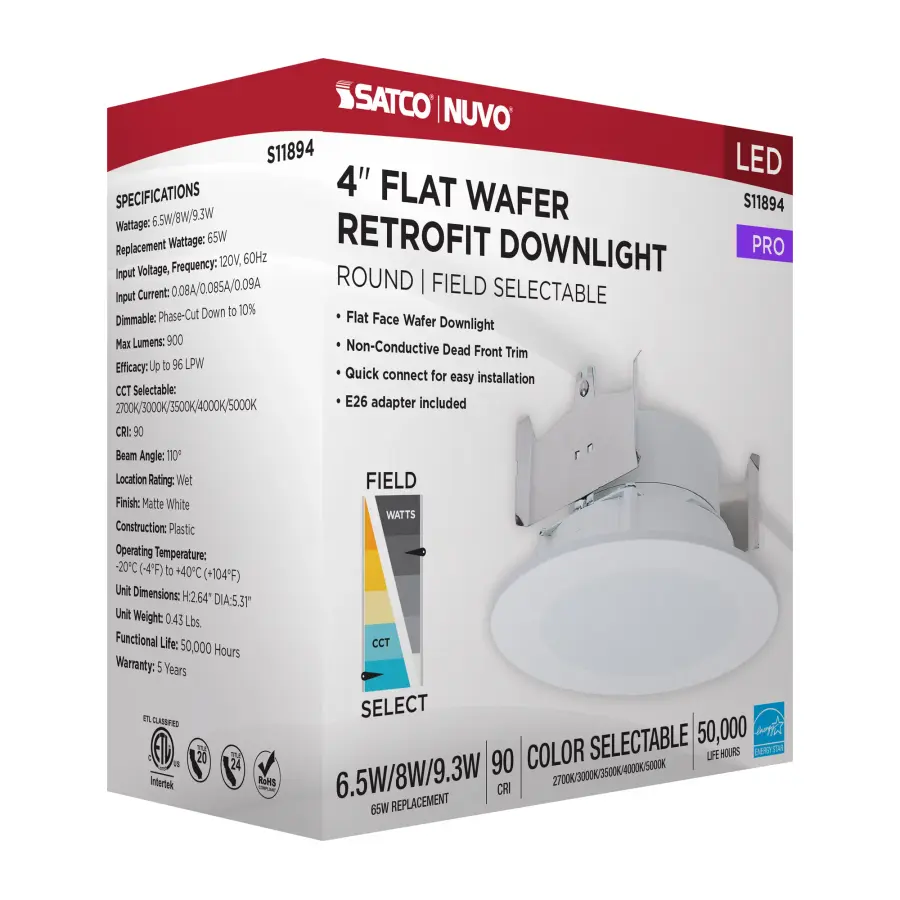 6.5/8/9.3 Watt LED Downlight Retrofit - 27K/30K/35K/40K/50K CCT - 4 Inch - Flat Wafer - Round - Matte White Finish - Image 11