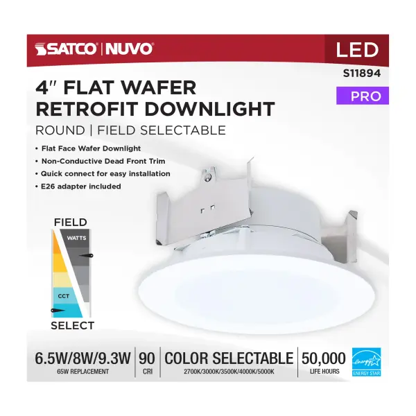 6.5/8/9.3 Watt LED Downlight Retrofit - 27K/30K/35K/40K/50K CCT - 4 Inch - Flat Wafer - Round - Matte White Finish - Image 6