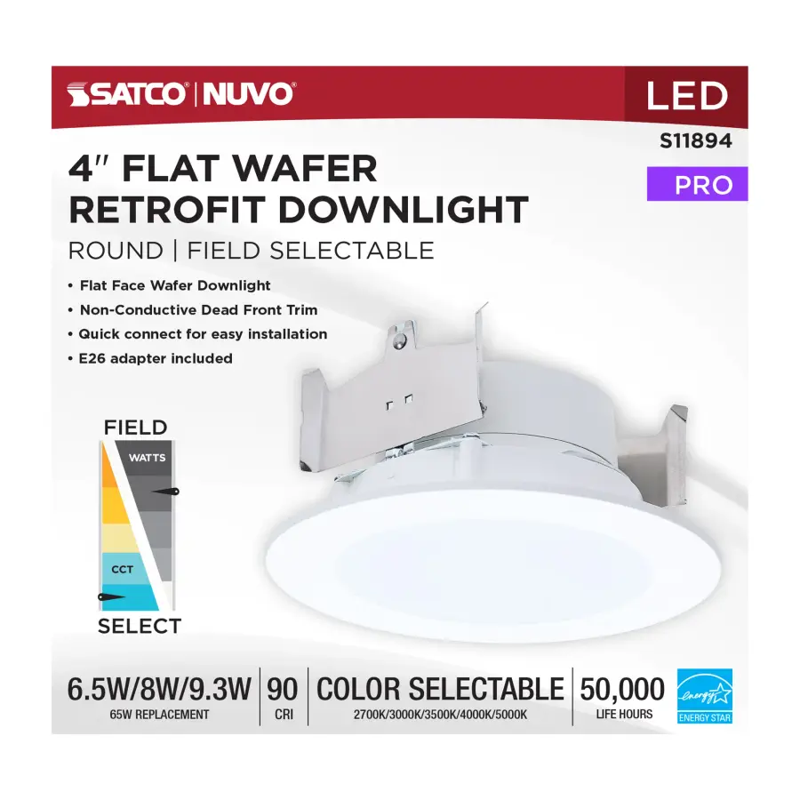 6.5/8/9.3 Watt LED Downlight Retrofit - 27K/30K/35K/40K/50K CCT - 4 Inch - Flat Wafer - Round - Matte White Finish - Image 6