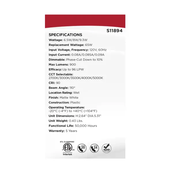 6.5/8/9.3 Watt LED Downlight Retrofit - 27K/30K/35K/40K/50K CCT - 4 Inch - Flat Wafer - Round - Matte White Finish - Image 9