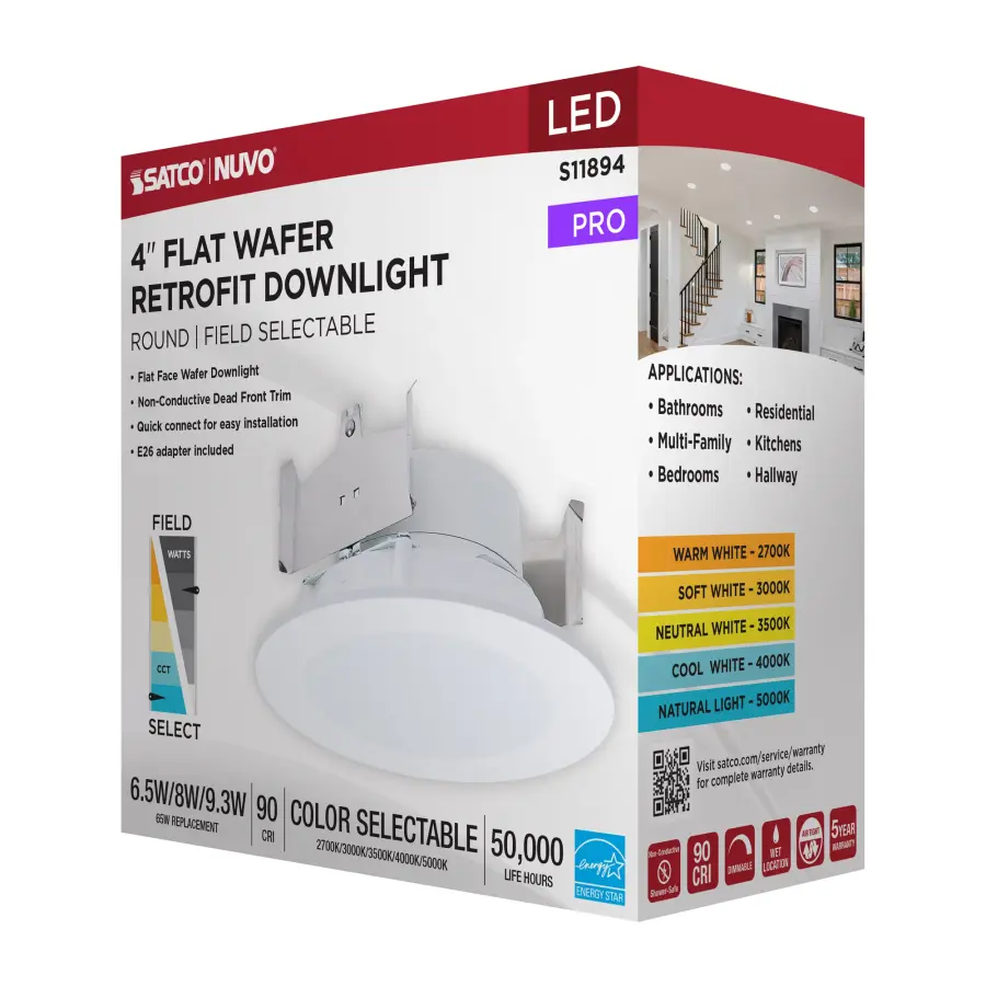 6.5/8/9.3 Watt LED Downlight Retrofit - 27K/30K/35K/40K/50K CCT - 4 Inch - Flat Wafer - Round - Matte White Finish - Image 10