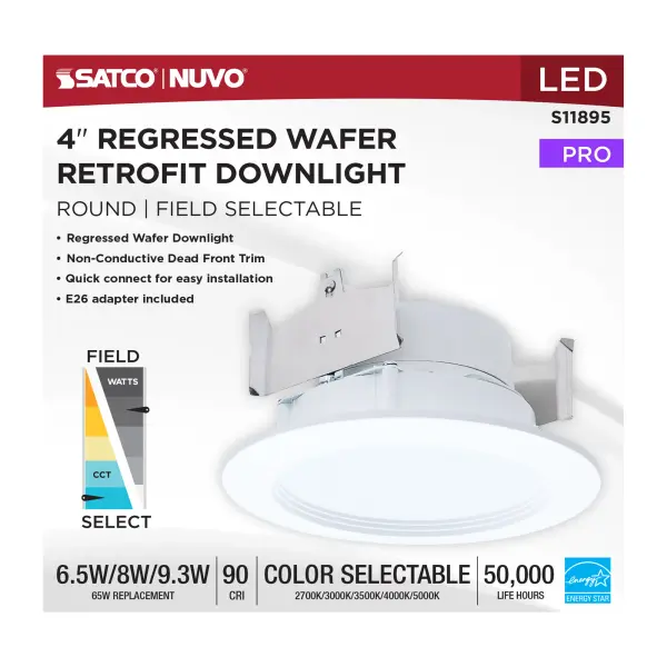 6.5/8/9.3 Watt LED Downlight Retrofit - 27K/30K/35K/40K/50K CCT - 4 Inch - Regressed Wafer - Round - Matte White Finish - Image 6