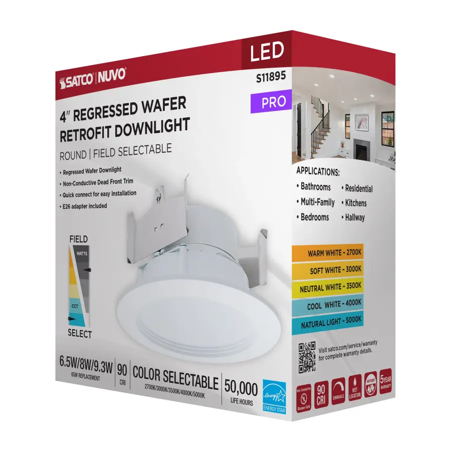 6.5/8/9.3 Watt LED Downlight Retrofit - 27K/30K/35K/40K/50K CCT - 4 Inch - Regressed Wafer - Round - Matte White Finish - Image 10