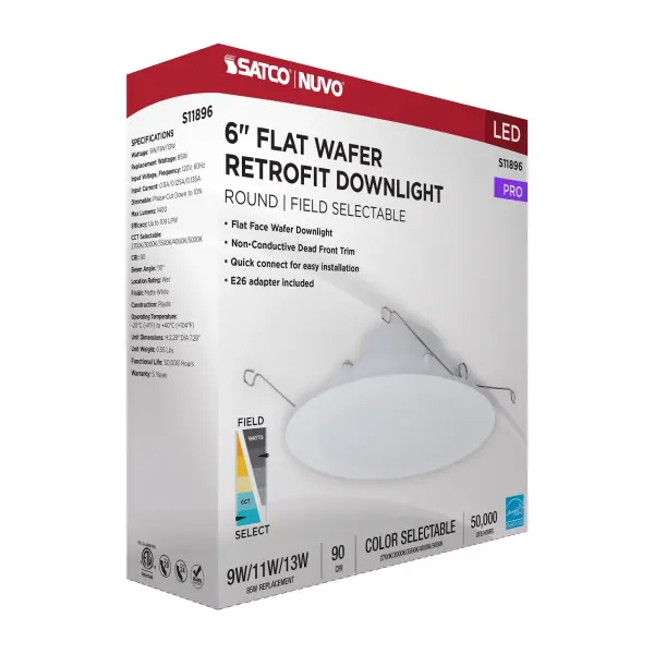9/11/13 Watt LED Downlight Retrofit - 27K/30K/35K/40K/50K CCT - 6 Inch - Flat Wafer - Round - Matte White Finish - Image 11