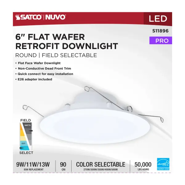 9/11/13 Watt LED Downlight Retrofit - 27K/30K/35K/40K/50K CCT - 6 Inch - Flat Wafer - Round - Matte White Finish - Image 6