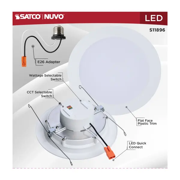 9/11/13 Watt LED Downlight Retrofit - 27K/30K/35K/40K/50K CCT - 6 Inch - Flat Wafer - Round - Matte White Finish - Image 7