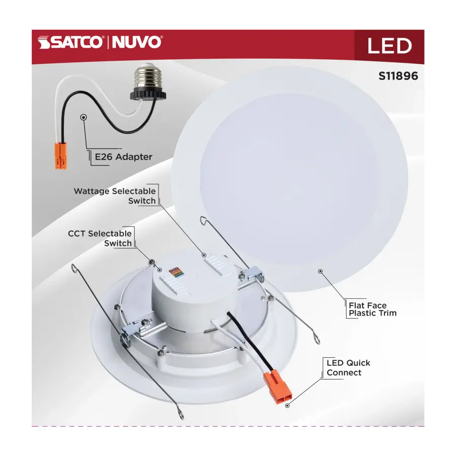 9/11/13 Watt LED Downlight Retrofit - 27K/30K/35K/40K/50K CCT - 6 Inch - Flat Wafer - Round - Matte White Finish - Image 7