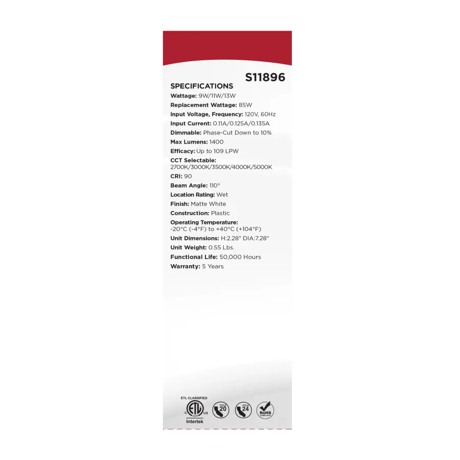 9/11/13 Watt LED Downlight Retrofit - 27K/30K/35K/40K/50K CCT - 6 Inch - Flat Wafer - Round - Matte White Finish - Image 9