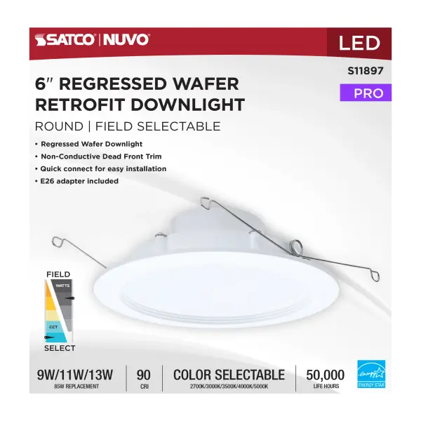 9/11/13 Watt LED Downlight Retrofit - 27K/30K/35K/40K/50K CCT - 6 Inch - Regressed Wafer - Round - Matte White Finish - Image 6