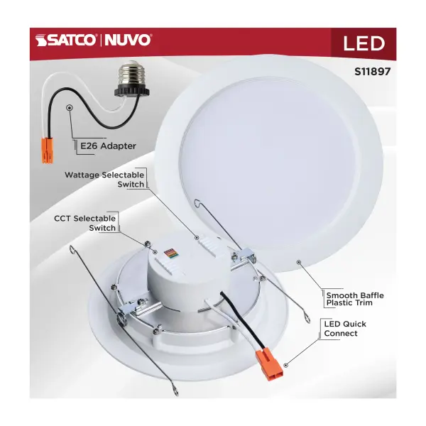 9/11/13 Watt LED Downlight Retrofit - 27K/30K/35K/40K/50K CCT - 6 Inch - Regressed Wafer - Round - Matte White Finish - Image 7