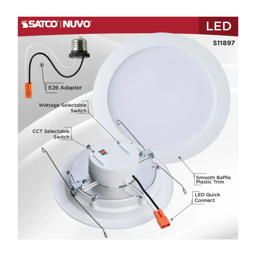 9/11/13 Watt LED Downlight Retrofit - 27K/30K/35K/40K/50K CCT - 6 Inch - Regressed Wafer - Round - Matte White Finish - Image 7