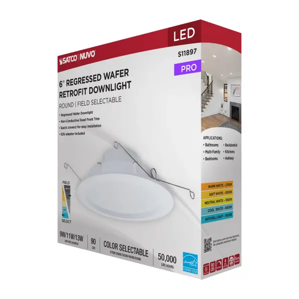 9/11/13 Watt LED Downlight Retrofit - 27K/30K/35K/40K/50K CCT - 6 Inch - Regressed Wafer - Round - Matte White Finish - Image 10