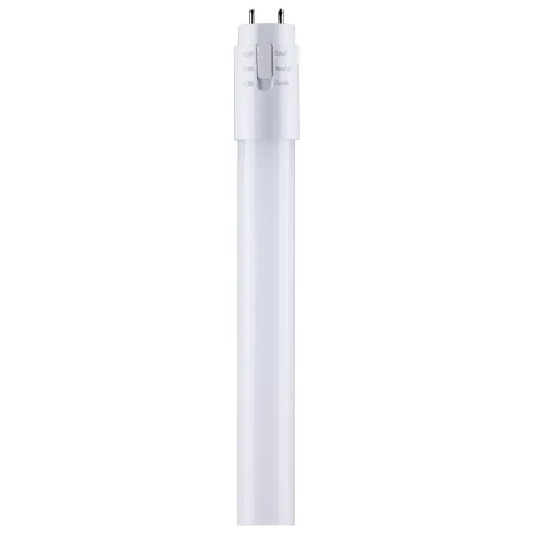 SATCO NUVO's 2 pack of 10 watt T8 4 foot LED G13 Type A ballast dependent CCT selectable double ended linear direct replacement bulbs offers stock saving options in a versatile retrofit. The dimmable frosted white bulb features a Medium Bi Pin base delivering exceptional illumination. With its high lumen output providing up to 50,000 hours of light, this lamp is perfect for retail, hospitality, restaurant, and warehouse applications. - alternate view