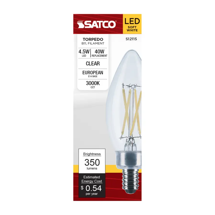 4.5 Watt - B11 LED Filament - Clear - 350 Lumens - 3000K - European base - 120 Volt - Image 3