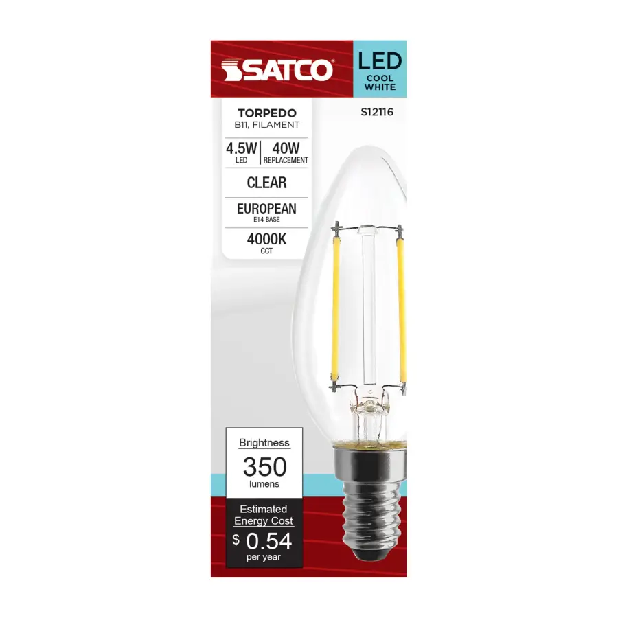 4.5 Watt - B11 LED Filament - Clear - 350 Lumens - 4000K - European base - 120 Volt - Image 3
