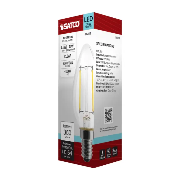 4.5 Watt - B11 LED Filament - Clear - 350 Lumens - 4000K - European base - 120 Volt - Image 7